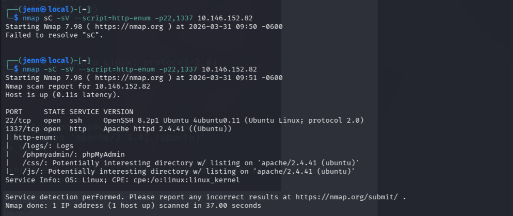 Nmap http-enum surfacing /logs/ directory